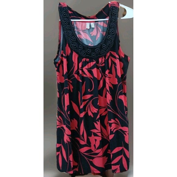 Madison Large Black Pink Floral Beaded Scoop Neck Top Stretch Boho Y2K Tank EUC - Picture 1 of 4